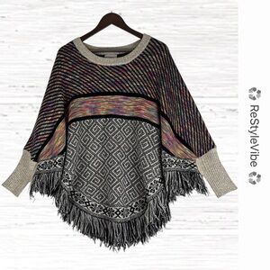 KAMANA Women’s One Size Sweater Poncho Shawl Fringe Knit Oversized Aztec Tribal